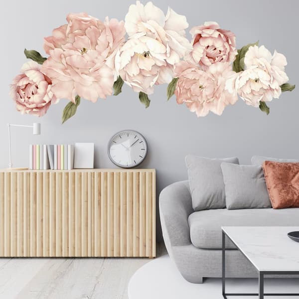 Veggklistremerke - Rosa Peon Blomster med grønne blader