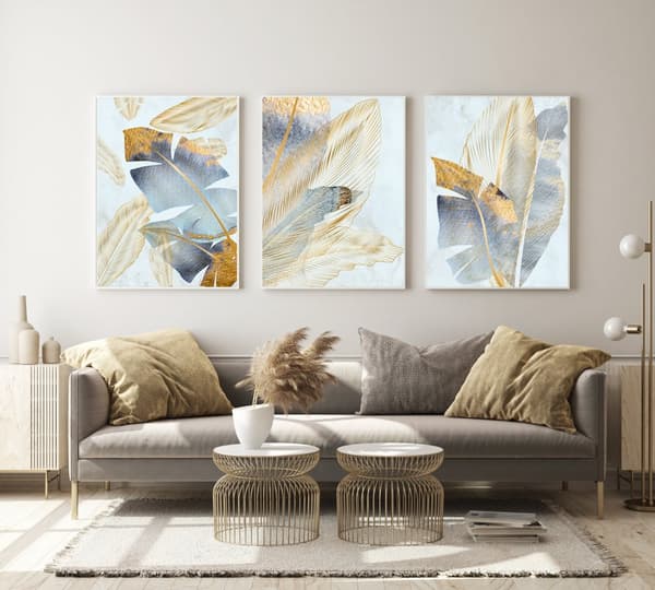 Plakater - Moderne Kunst / Blader gylne og blå / sett med 3