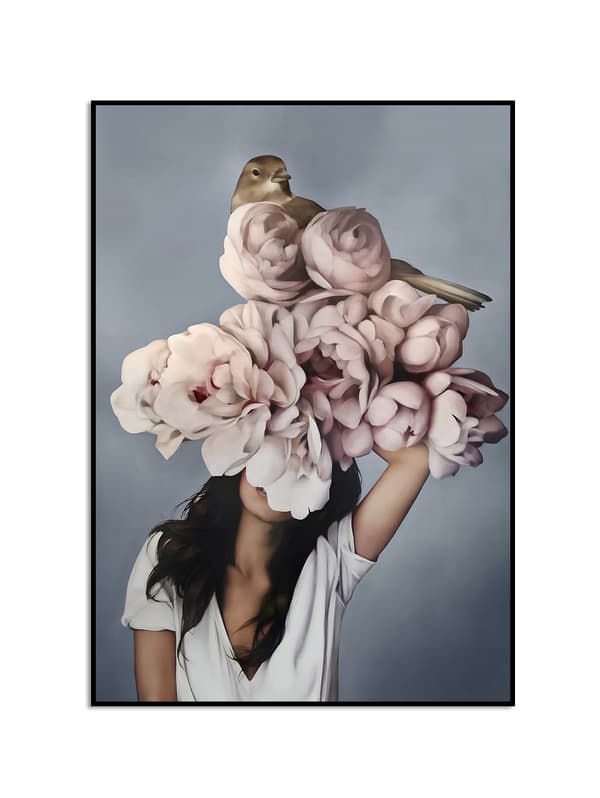 Plakat - Blomsterjente / Hvite Blomster og en Fugl