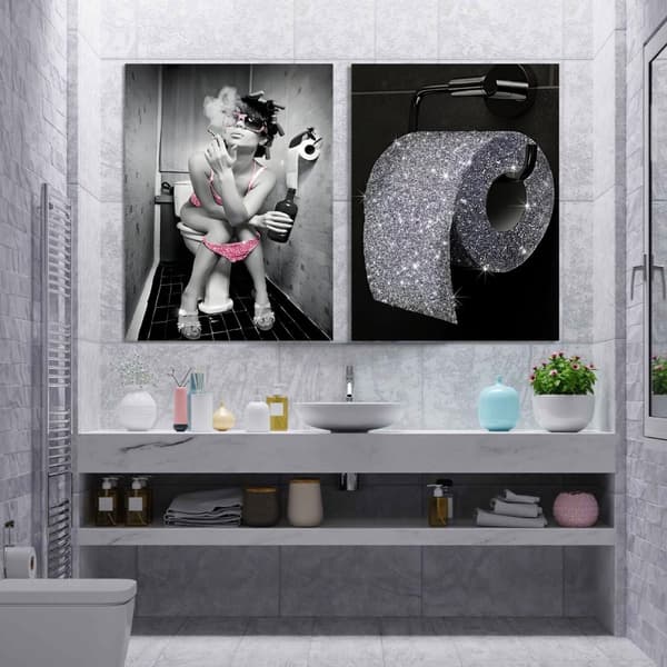 Plakater - Kvindekunst til badeværelse / Sølv toiletpapir / Sæt med 2