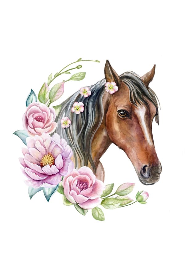 Plakat - Brun Hest med Blomster