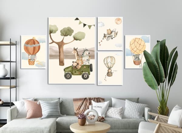 Plakater -Safari Adventure i varmluftsballon / Sæt med 5