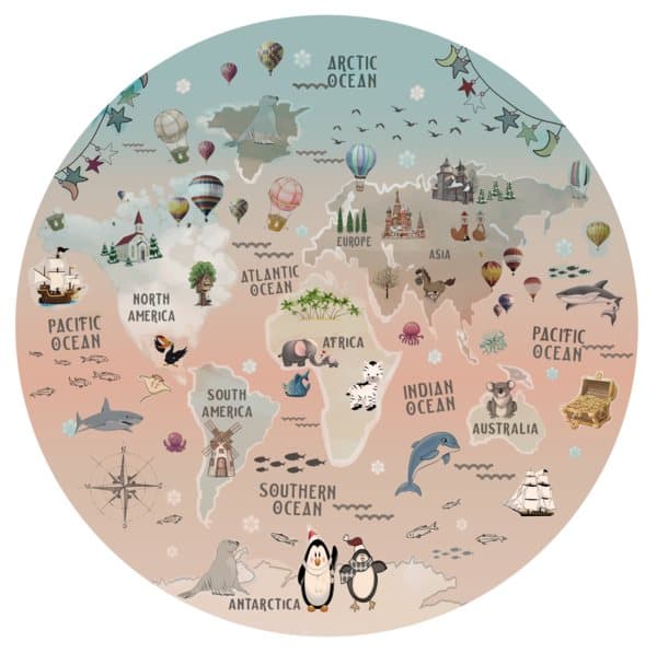 Wallsticker – Verdenskort med dyr og vindmølle
