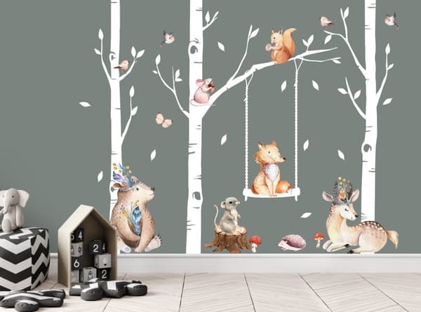 Wallsticker – Dyr i træ og gynge / Hvid