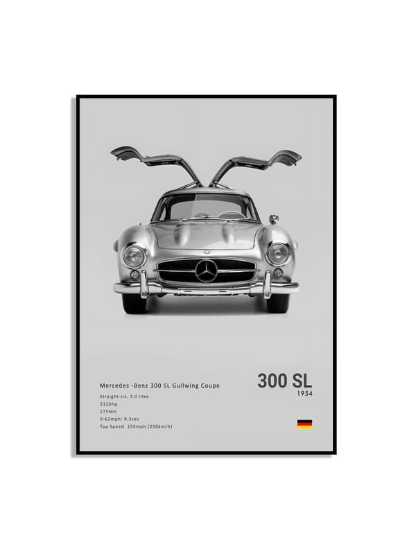 Plakat –  Luksus svart og hvit sportsbil / 300 SL 1954 / Grå