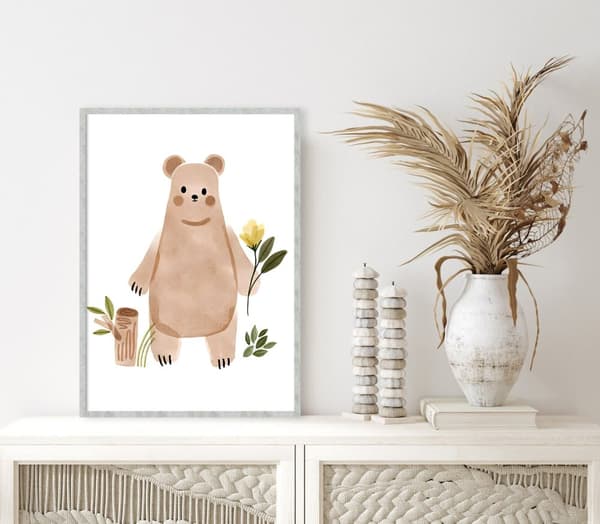 Plakat – Bjørn med blomster / Brun