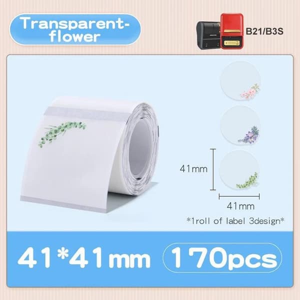 NIIMBOT Etiketter Klistermärken B1 / B21 / B3-serien 41 x 41 mm / 170 st / Transparent / Blomdesign