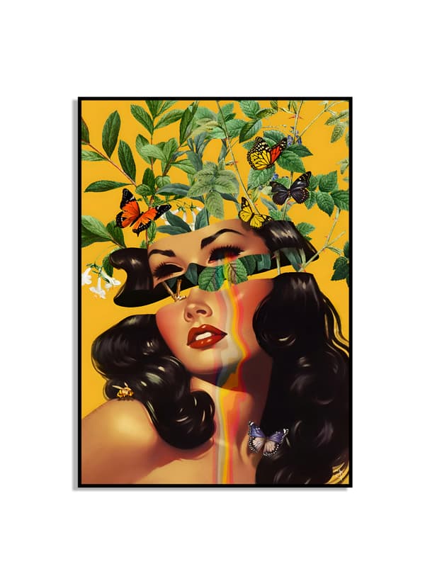 Kvinde med Sommerfugle og Blade Plakat