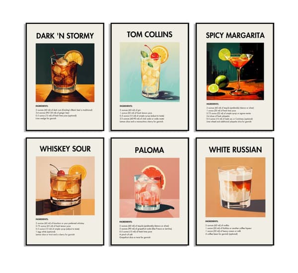 Cocktailopskrift Plakater - Sæt af 6