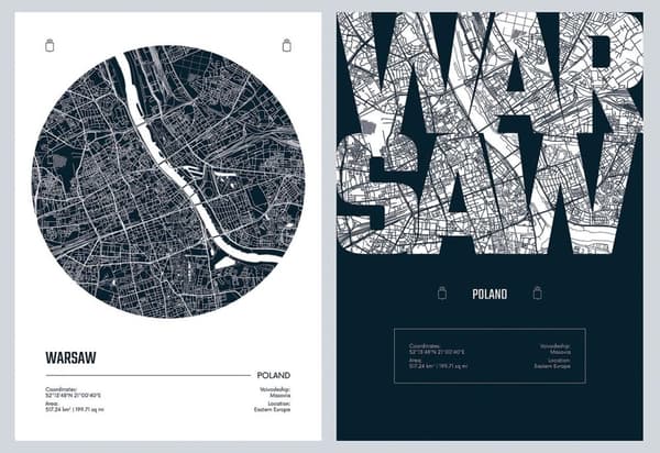 Plakat - Warszawa kort / Sæt af 2