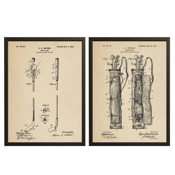 Patenttegning Plakat - Golfklubbe og Caddy Bag / Sett med 2