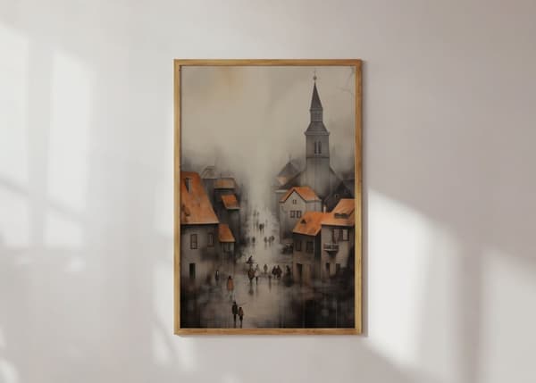 Plakat - Tåkete Landsby Scene