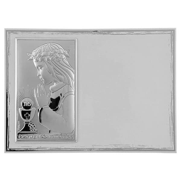 Bild souvenir av den första heliga nattvarden silver med gravyr för en flicka | Mått: 18x13cm | Färg: Vit | SKU: VL821/4BI