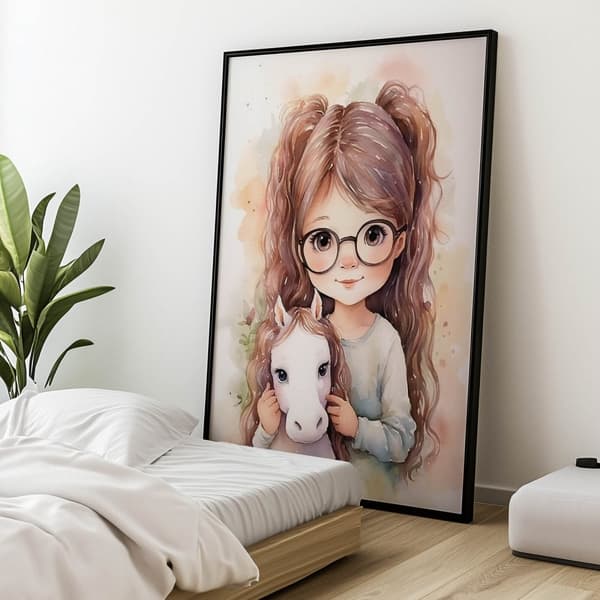 Pige med en hest Pige med en hest, 60x90 cm, guld aluminiumsramme, 230 gsm mat papir