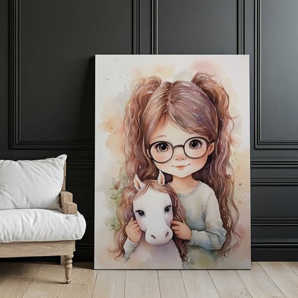 Pige med en hest Pige med en hest, 60x90 cm, guld aluminiumsramme, 230 gsm mat papir