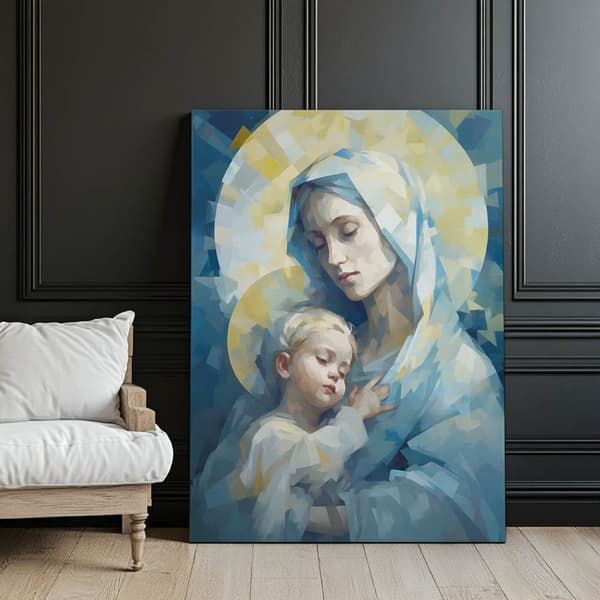 Motherly Love: Mary with Baby Jesus Motherly Love: Mary with Baby Jesus, 70x100 cm, sort aluminiumsramme, 230 gsm mat papir