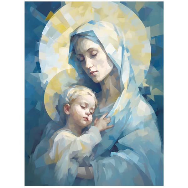Motherly Love: Mary with Baby Jesus Motherly Love: Mary with Baby Jesus, 70x100 cm, uindrammet, premium lærred på båre