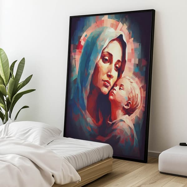 Blått skydd: Maria med Jesusbarnet Blått skydd: Maria med Jesusbarnet, 60x90 cm, svart aluminiumram, 230 gsm matt papper