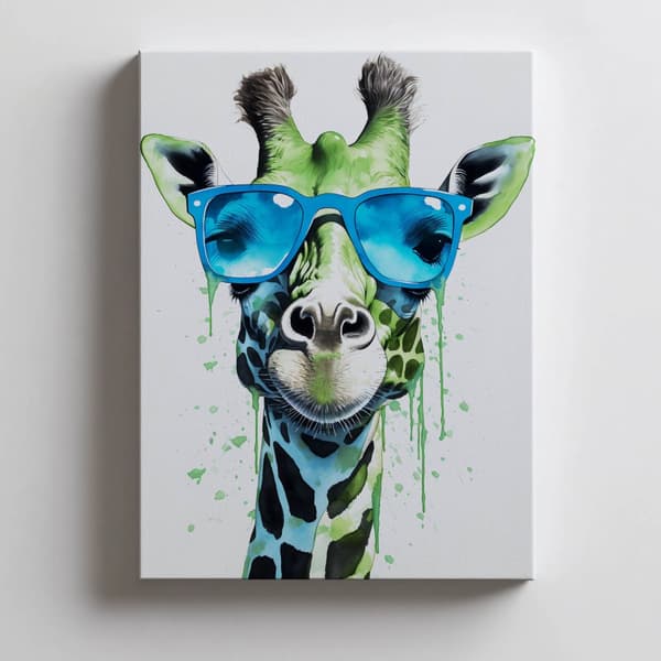 Grøn giraf med blå briller Grøn giraf med blå briller, 40x50 cm, sort aluminiumsstel, 230 gsm mat papir