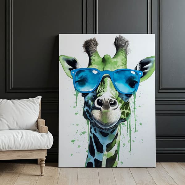 Grøn giraf med blå briller Grøn giraf med blå briller, 40x50 cm, sort aluminiumsstel, 230 gsm mat papir