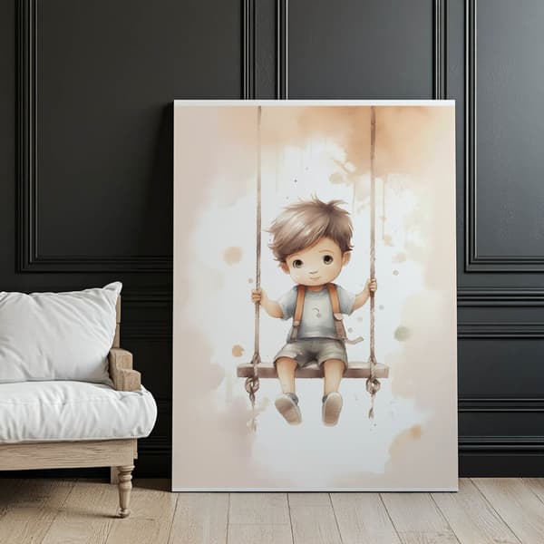 Dreng på gynge Dreng på gynge, 70x100 cm, sort aluminiumsramme, 230 gsm mat papir