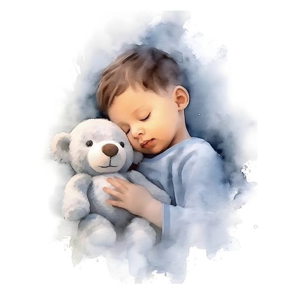 Dreng med bamse-krammer Dreng med bamse-krammer, 40x50 cm, guld-aluminiumsramme, 230 gsm mat papir