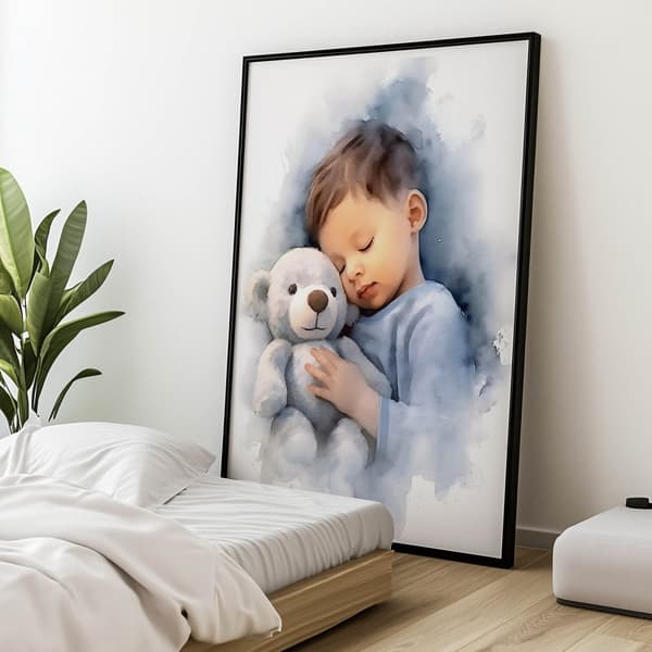 Dreng med en bamse, der krammer Dreng med en bamse, der krammer, 50x70 cm, uindrammet, premium lærred på båre