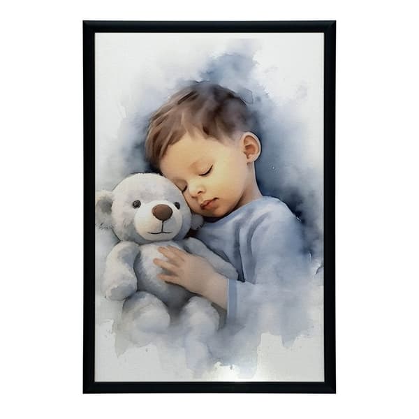 Dreng med en bamse, der krammer Dreng med en bamse, der krammer, 50x70 cm, uindrammet, premium lærred på båre
