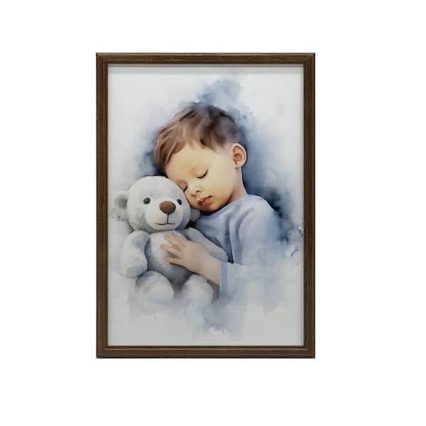 Dreng med en bamse, der krammer Dreng med en bamse, der krammer, 50x70 cm, uindrammet, premium lærred på båre