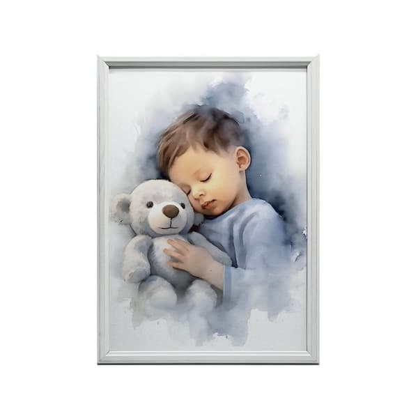 Dreng med en bamse, der krammer Dreng med en bamse, der krammer, 50x70 cm, uindrammet, premium lærred på båre