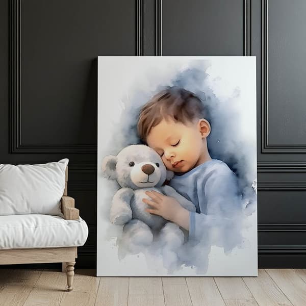 Dreng med en bamse, der krammer Dreng med en bamse, der krammer, 50x70 cm, uindrammet, premium lærred på båre