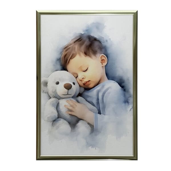 Dreng med en bamse, der krammer Dreng med en bamse, der krammer, 50x70 cm, uindrammet, premium lærred på båre