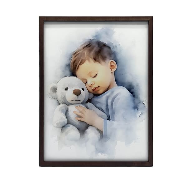 Dreng med en bamse, der krammer Dreng med en bamse, der krammer, 50x70 cm, uindrammet, premium lærred på båre