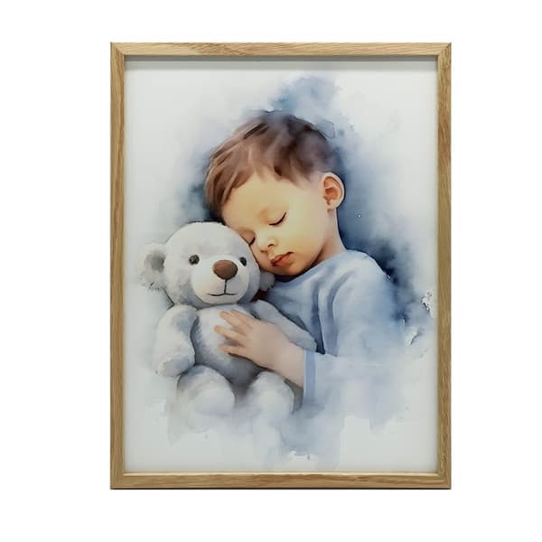 Dreng med en bamse, der krammer Dreng med en bamse, der krammer, 50x70 cm, uindrammet, premium lærred på båre