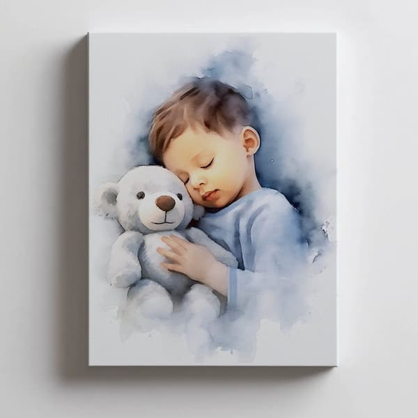 Dreng med bamse, der krammer Dreng med bamse, der krammer, 70x100 cm, lys egetræsramme, 230 gsm mat papir