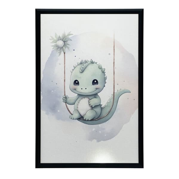 Dinosaur på gynge Dinosaur på gynge, 50x70 cm, mørkebrun træramme, 230 gsm mat papir
