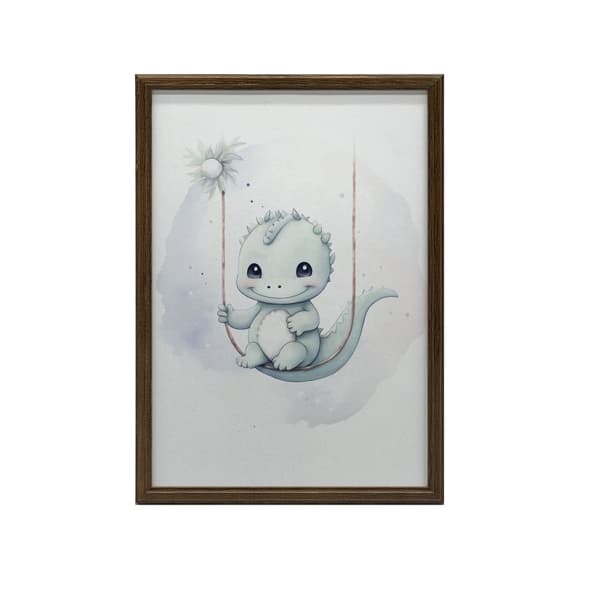 Dinosaur på gynge Dinosaur på gynge, 50x70 cm, mørkebrun træramme, 230 gsm mat papir