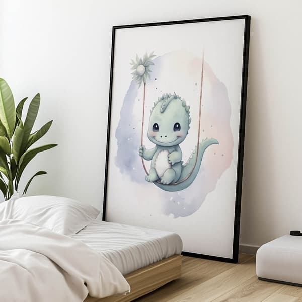 Dinosaur på en gynge Dinosaur på en gynge, 70x100 cm, uindrammet, premium lærred på båre