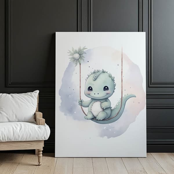 Dinosaur på en gynge Dinosaur på en gynge, 70x100 cm, uindrammet, premium lærred på båre