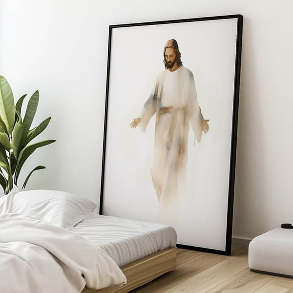 Fred og trøst: Jesus i akvarel Fred og trøst: Jesus i akvarel, 30x40 cm, stel af lys egetræstræ, 230 g mat papir