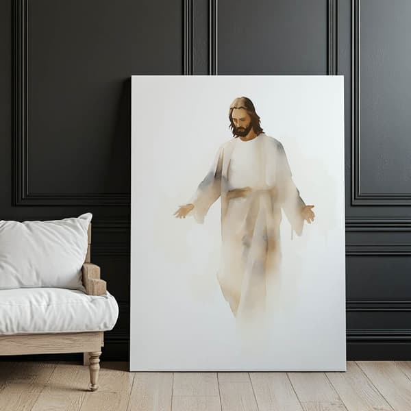 Fred og trøst: Jesus i akvarel Fred og trøst: Jesus i akvarel, 30x40 cm, stel af lys egetræstræ, 230 g mat papir