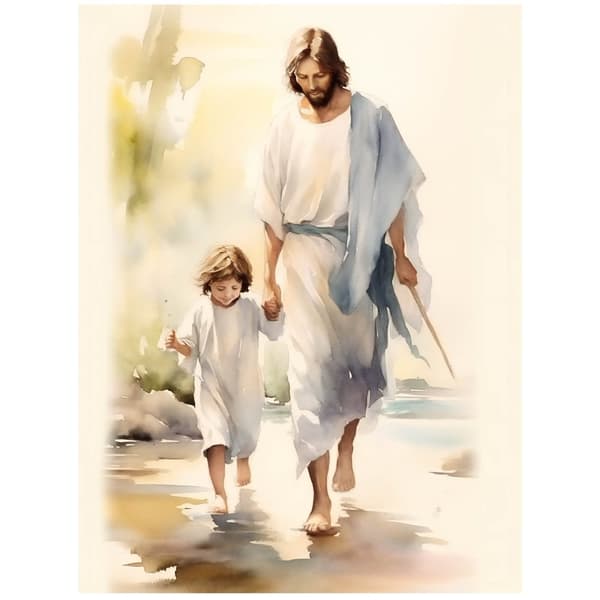 Jesus Walking with a Child Jesus Walking with a Child, 40x50 cm, guld aluminiumsramme, 230 gsm mat papir