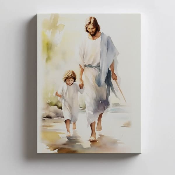 Jesus Walking with a Child Jesus Walking with a Child, 40x50 cm, guld aluminiumsramme, 230 gsm mat papir