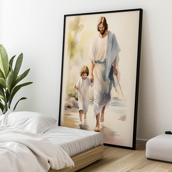 Jesus Walking with a Child Jesus Walking with a Child, 40x50 cm, guld aluminiumsramme, 230 gsm mat papir