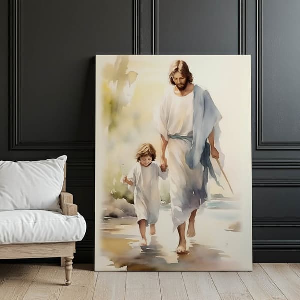 Jesus Walking with a Child Jesus Walking with a Child, 40x50 cm, guld aluminiumsramme, 230 gsm mat papir