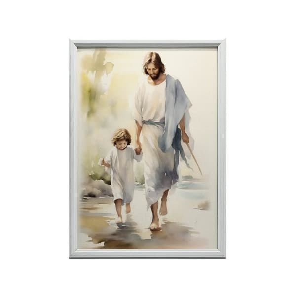 Jesus Walking with a Child Jesus Walking with a Child, 40x50 cm, guld aluminiumsramme, 230 gsm mat papir