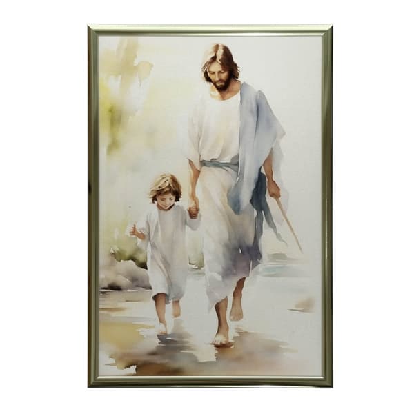 Jesus Walking with a Child Jesus Walking with a Child, 40x50 cm, guld aluminiumsramme, 230 gsm mat papir