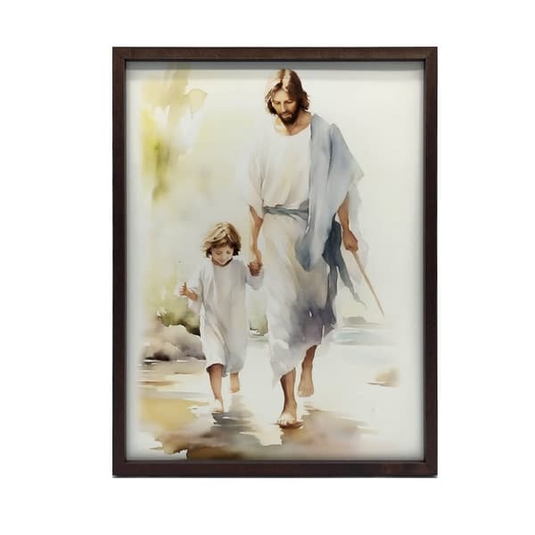 Jesus Walking with a Child Jesus Walking with a Child, 50x70 cm, guld aluminiumsramme, 230 gsm mat papir