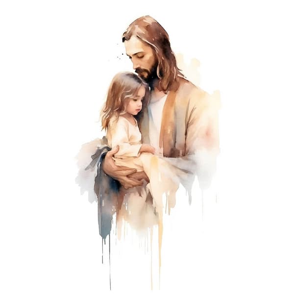 Jesus holder et barn Jesus holder et barn, 30x40 cm, sort aluminiumsramme, 230 gsm mat papir