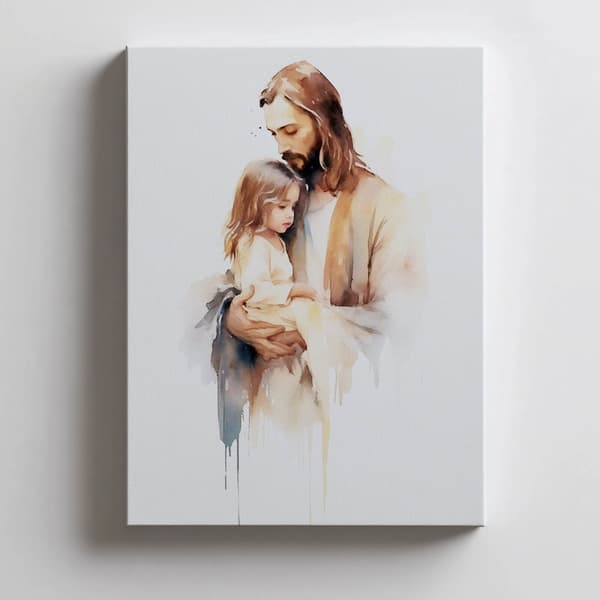 Jesus holder et barn Jesus holder et barn, 30x40 cm, sort aluminiumsramme, 230 gsm mat papir